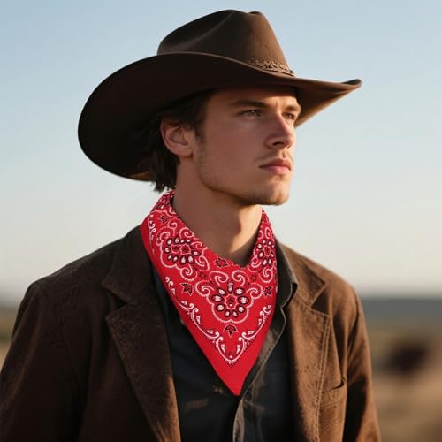 27.5 Inches Western Bandana Scarf With Leather Scarf Buckle,Red Paisley Bandanas Square Headwear,Handmade Leather Square Scarves Buckle Ring,Western Cowboy Neck Scarves for Women Men Gifts4