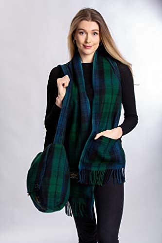 Patrick King Woollen Company Long Merino Wool Scarf with Pockets - Black Watch Fringed Plaid Oversized Scarf 10" x 69" for Men Women Made of Heavy Wool Warm Thick Durable3