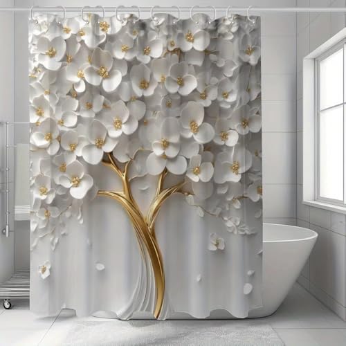 Rideau de douche arbre fleurs blanches imperméable et anti-moisissure