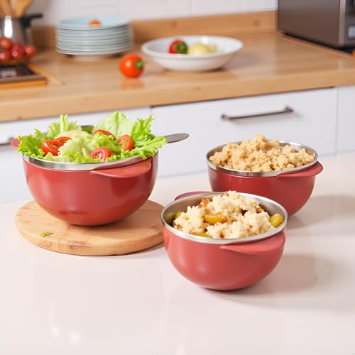 Image of Premium Stainless Steel Bowl Set of 3 | Microwave Safe Bowls with Lids | Mixing & Serving Bowls for Kitchen | Multi-Purpose Serving Bowls for Salad, Rice, Desert, Bowl Set - Multicolor