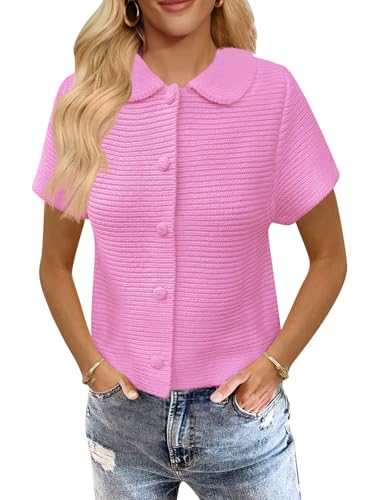Saodimallsu Womens Short Sleeve Cropped Cardigans Casual Summer Button Down Collared Lightweight Loose Knit Sweater Top Pink