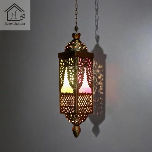 Image of Vintage Moroccan Hanging Pendant Light, Brass & Glass Lattice Design, Multicolour LED