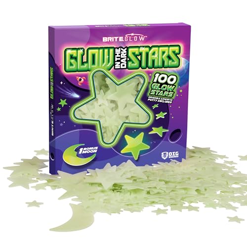 OIG Brands 100 PK Green Glow in The Dark Stars for Ceiling Easter Basket Stuffers for Kids - Star Brite Plastic Glow Stars with Moon & Putty Ages 4 5 6 7 8 9 10 11 12 for Bedroom Space Night Light