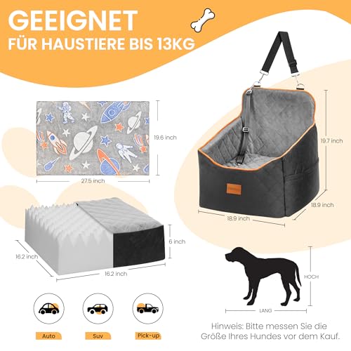 HiPetpy Hunde Autositz –Autositz mit Decke & dickem Kissen für kleine Hunde bis 14 kg/30 lb, Erhöhtes Design mit Sicherheitsleine, rutschfestes Hundebett fürs Auto mit Aufbewahrungstaschen (Grau)