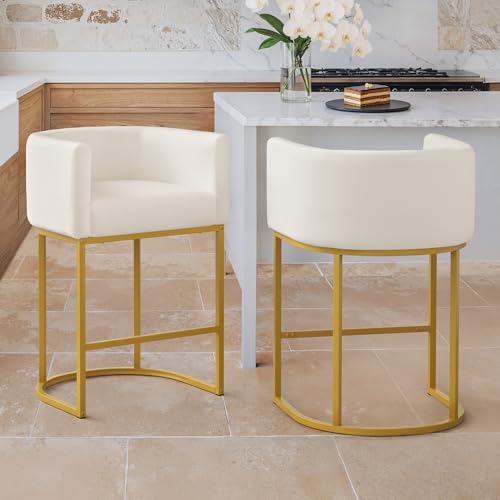 Image of LUE BONA Counter Height Bar Stools Set of 2, Modern Barrel Counter Stools with Backrest and Arms, Gold Metal Frames, Linen Fabric Upholstered Accent Barstools for Kitchen Island, Beige