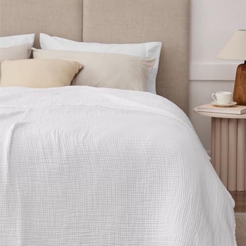 100% Cotton Muslin Blanket Large 50" x 70", 6 Layers Breathable and Lightweight Cotton Blankets for Bed and Couch, Quilt Bedspread, Gauze Throw for Adults, White