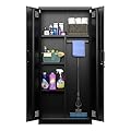 SUPEER Armadio per scopa con ventilazione e chiusura magnetica, armadio multiuso, robusto in acciaio per aspirapolvere, detergenti, biancheria e accessori per la casa, 70 x 30 x 165 cm, nero