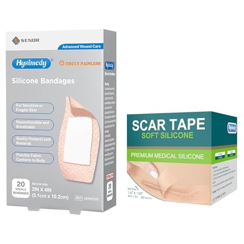 Silicone Bandages Extra Large Size for Sensitive Fragile Skin - 2"x4" 20 Counts + Medical Grade Silicone Scar Tape (1.6" x 120" - 3M) Cover