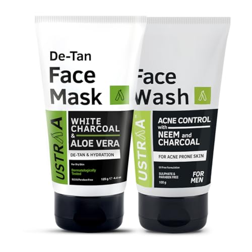 Image of Ustraa De-Tan Face Mask - Dry Skin - 125g - Wash-off mask | with White Charcoal | Effectively Removes Tan & Face Wash Acne Control - With Neem & Charcoal - 100g | Controls Oil, Prevents Acne