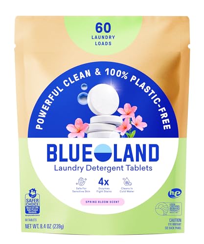 BLUELAND Laundry Detergent Tablets, 60 Count, Spring Bloom Scent, Plastic-Free Eco-Friendly Pods,...