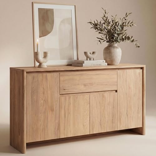 Newroom Sideboard Eiche Braun 164x85x40 cm Holz Modern Wohnzimmer Kommode mit 4 Türen 1 Schublade Grifflos Push-to-Open