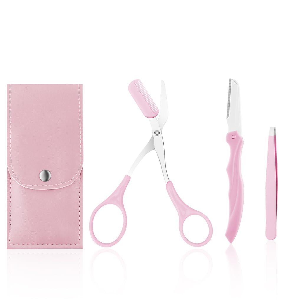 MAYCREATE® 3Pcs Eye Brow Scissor Eyebrow Removal Tweezer Eyebrow Trimmer Razor Facial Hair Shaper Eyebrow Trimming Make Up Tool with PU Leather Case Shave and Hair Removal, Pink-image-47