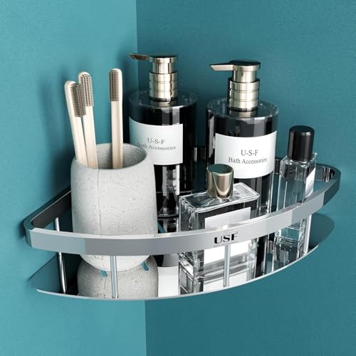 Image of USF Heavy-Duty Stainless-Steel Bathroom Shelf, Wall Mounted Square Rack Organizer for Bathroom & Kitchen Accessories, Space Saving Storage, Chrome Finish (Pack of 2)