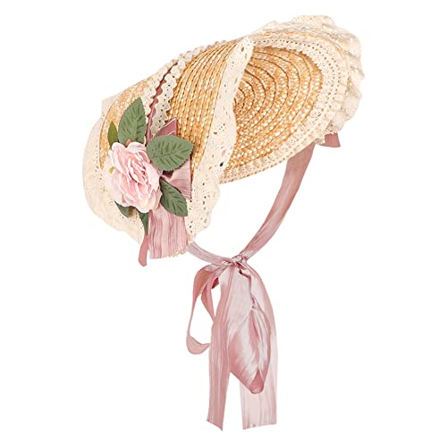 Girls Women Victorian Straw Hats Tea Party Bows Costume Sun Hat with Lace Flower