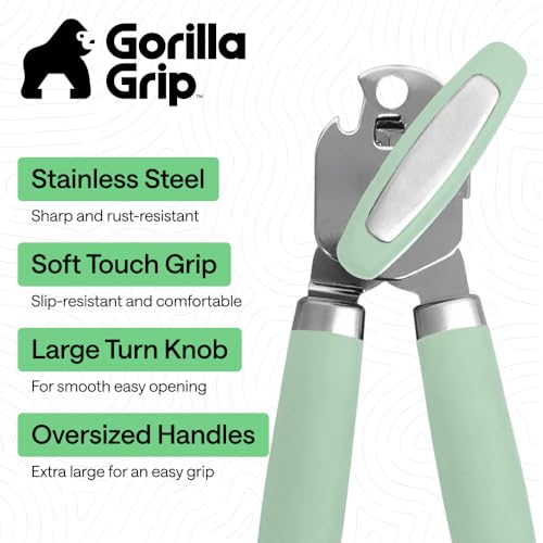 Image of GORILLA GRIP Upgraded Model Stainless Steel Manual Can Opener, Mint | US Designed, Oversized Handheld Turn Knob, Comfortable Handle for Easy Turning, Multifunctional Kitchen Tool, Open Bottles