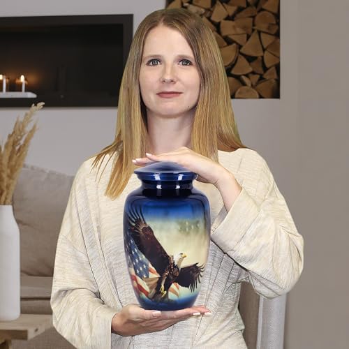 Image of Trupoint Memorials Cremation Urns for Human Ashes, Military and Patriotic Decorative Burial Urn for Veteran Adult Men and Women, Large Blue