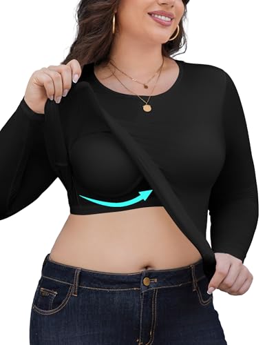 FOREYOND Plus Size Built in Bra Tops for Women Crewneck Long Sleeve Shirts Slim Fitted Basic Cotton Undershirts Black 3XL