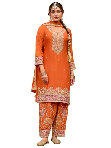 Image of INDO ERA Women's Silk Blend Embroidered Straight Kurta & Pant With Dupatta Set (IEOUT10592)