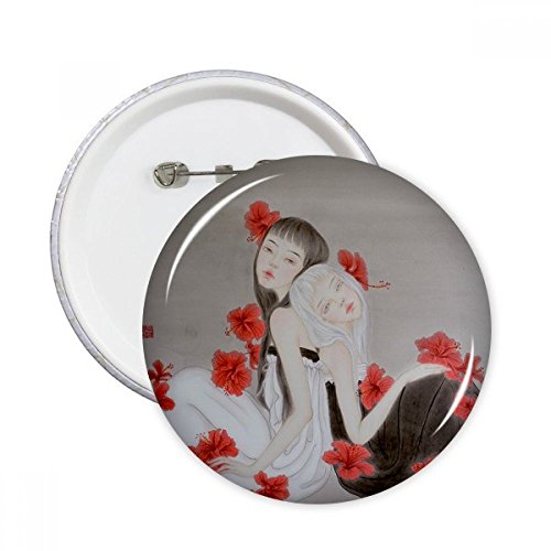 Badge rond aquarelle fleur rouge style chinois DIYthinker 5pcs