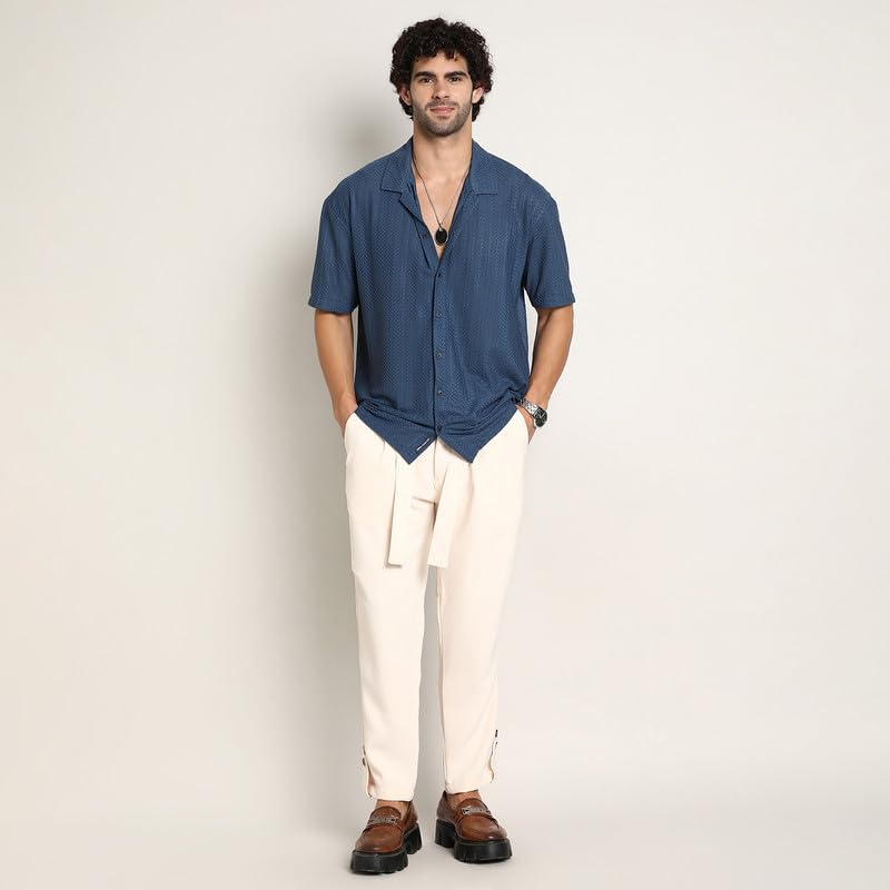 Image of CAHOOT Men's Oversized Shirt for Casual Wear | Cuban Collar | Short Regular Sleeves | Button Closure | Oversized Shirt Crafted with Comfort Fit for Everyday Wear