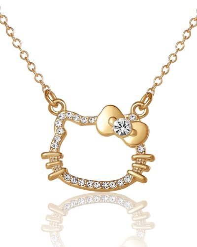 Hello Kitty Necklace For Women with Rhinestones Official License 16+3.25 Gold-Tone Silhouette Pendant Necklace