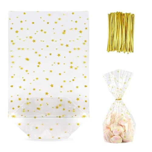 100 Piezas Bolsas de Navidad Transparentes Set, 13cm x 21cm Bolsas de Celofán Navidad con Cierres de Retorcido, Bolsas de Regalo Navidad para Envasado Bombones Regalos(Estrellas Doradas)