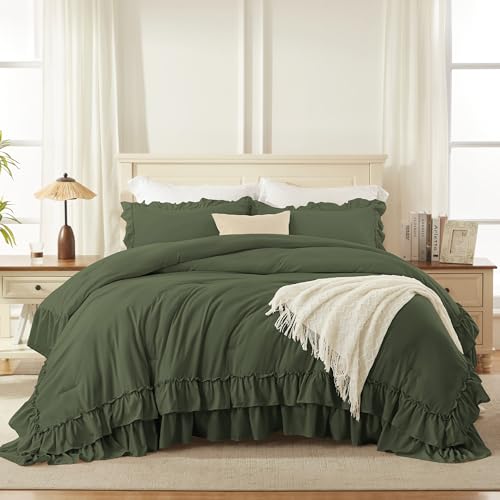 Image of Andency Olive Green Queen Comforter Set (90x90Inch), 3 Pieces Lightweight Fluffy Ruffle Bedding Comforter Sets for Queen Bed, Farmhouse Shabby Chic Soft Polyester All Season Bed Set