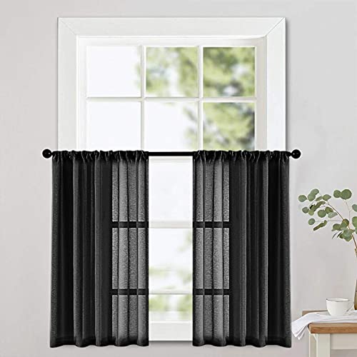 Mrtrees Black Sheer Tier Curtains 24 Inches Long Kitchen Tiers Bathroom Small Short Curtain Panels Transparent Light Filtering Cafe Curtains Voile Window Treatment Rod Pocket 2 Panels #TOP5