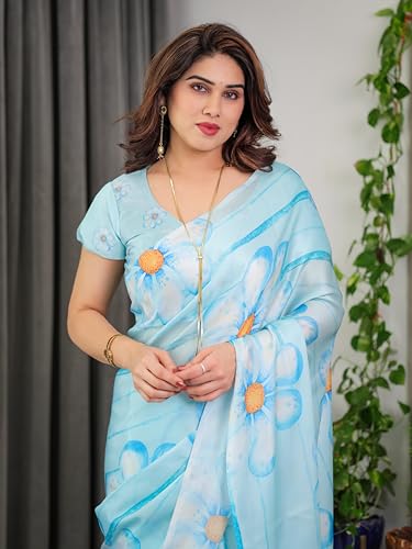 Image of ALMAARI FASHION Satin Georgette Floral Printed Saree with Blouse, Sky Blue with Orange Daisy Flowers, 5.5 Meter, Free Size