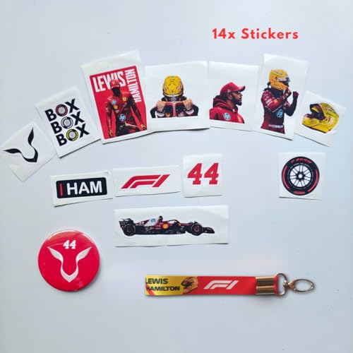 Image of TenorArts Lewis Hamilton F1 Gift Box Merchandise for Fans - 5x7 Inches Laminated Photo Frame,1 Keychain, 1 Badge, 4 4x6 inches Posters, 10 Multi sized F1 Stickers - 5 items in 1 Box | Perfect for Gifting F1 Fans