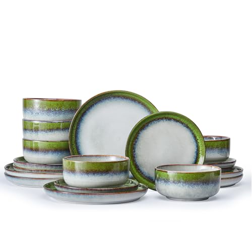 Image of KINGSTONE Stoneware Dinnerware Sets for 6, 18-Piece Reactive Glaze Plates and Bowls Sets, Scratch-Resistant Rustic Ceramic Dish Set for Daily Party Gifts, Microwave Dishwasher Safe, Kiln-Fired Green