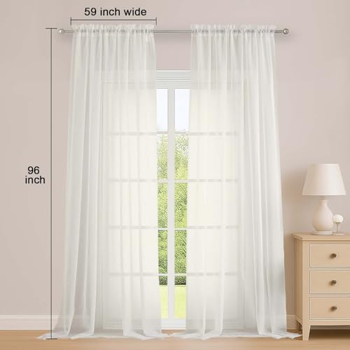 Image of OWENIE Ivory Sheer Curtains, Sheer Curtains 96 inches Long 2 Panels Set, Rod Pocket Voile Fimly Sheer Drapes for Living Room /Bedroom, 2pcs, Each 59 inch W x 96 inch L