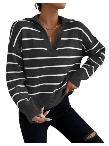 MakeMeChic Women's Striped Pattern Collar V Neck Long Sleeve Pullover Sweater Casual Knitwear Top