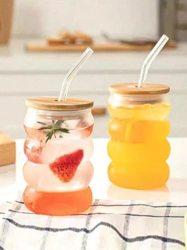 Image of SUANI Bubble Shape Glass Tumbler with Lid and Straw, 500ml Transparent Drinking Glass Cup for Iced Coffee, Cold Coffee, Juice, Smoothies, Milk, Tea and Beverages, Drinking Tumbler Pack of 1