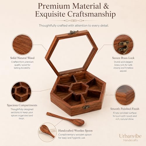 Image of Wooden Spice Box with 7 Compartments | Handmade Masala Dabba for Kitchen Storage | Premium Wooden Spice Organizer with Transparent Glass Lid | Multipurpose Storage Box