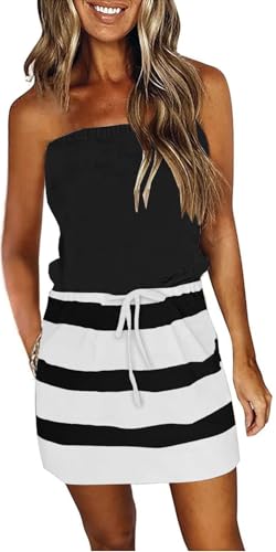 Image of Summer Dress for Women Strapless Beach Cover Ups Boho Sundress Mini Dress Drawstring Waist with Pockets