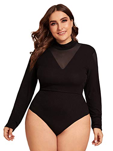 Floerns Women's Sheer Mesh Long Sleeve Stretchy Bodysuit Jumpsuit Black Plus 2XL