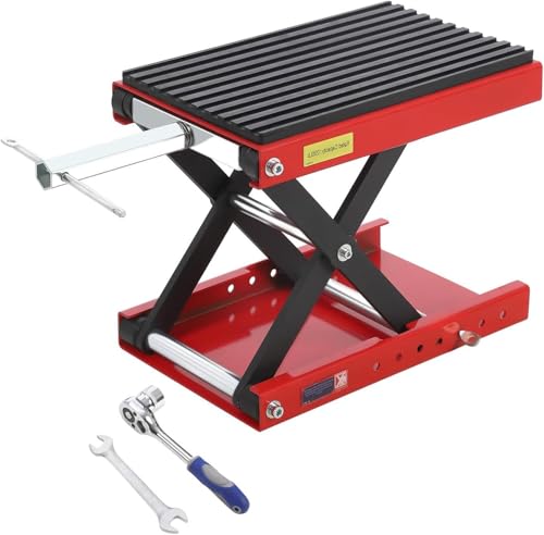 Image of Garveetech Motorcycle Lift Jack - 1200 LBS Heavy Duty Scissor Stand with Wide Deck & Safety Pin, Ideal for Dirt Bikes, Atvs, Street Bikes & Cruiser Motorcycles, Thickened Rubber Pad for Stability