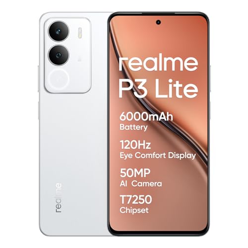 realme P3 Lite,Smartphone,Blanco, 8+256GB, Pantalla de 120Hz con Confort Visual, Batería de 6000 mAh, Chipset T7250, Cámara AI de 50MP, Carga de 15W,Resistencia al Agua Diaria (sin Adaptador)