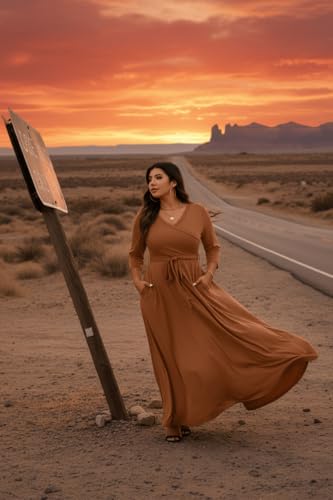 Image of Runwind Plus Size Dress for Women - 3 /4 Sleeve V Neck Maxi Dresses for Women (XL-6XL)