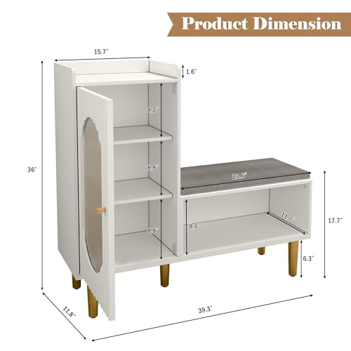 Image of HLR Storage Bench Set of 2, White Modern Entryway Shoe Cabinet Bench with Glass Door&Shelf, L-Shaped Storage Cabinet with Padded Seat for Hallway, Bedroom, Living Room, Office