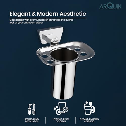 Image of Arquin Wall-Mounted Tooth Brush Holder for Bathroom, Tumbler Stand /304 Steel Bathroom Organizer with Glossy Finish Bathroom Accessories Chrome Finish Stand With Removable Cup (Aquarius Tumbler Holder)