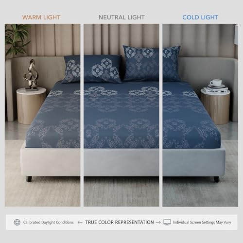 Image of BLISSHOME Everlast 150TC King Size Fitted Bedsheet with 2 Pillow Covers, Aesthetic Bedding, Wrinkle Resistant, 100+ Wash Durable, Quick Dry, Elegant Ornate Pattern - Blue (183cm x 198cm + 25cm Drop)