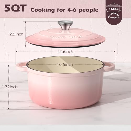 Image of Umite Chef 5QT Enameled Cast Iron Dutch Oven Pot with Lid, Heavy-Duty Cookware for Bread Baking, Braising, Stews, Roasting, Wedding Registry Ideas & Gifts (Pink)