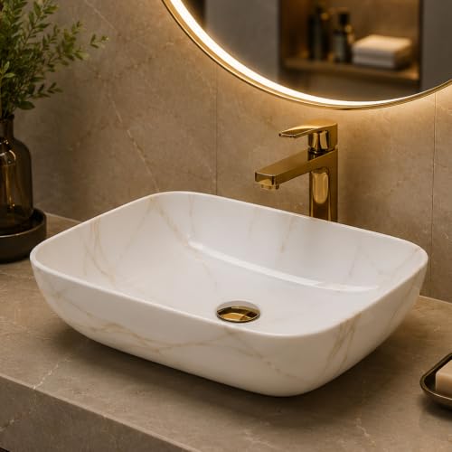 Image of Ceramic Tabletop Wash Basin - Glossy Rectangular Countertop Vessel Sink with Marble Finish for Bathroom & Vanity | Compact 18 x 13 x 5 Inch | Elegant Washbasin