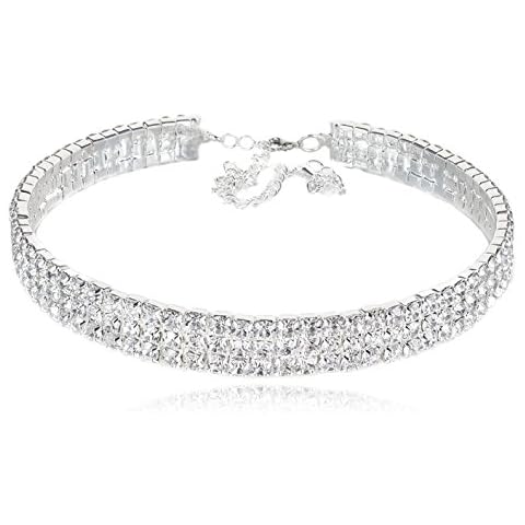 Janefashions 3-row Three-Row Clear Austrian Rhinestone Crystal Choker Necklace Collar Dance Party Wedding Prom Gold or Silver N175 (Silver) Cover