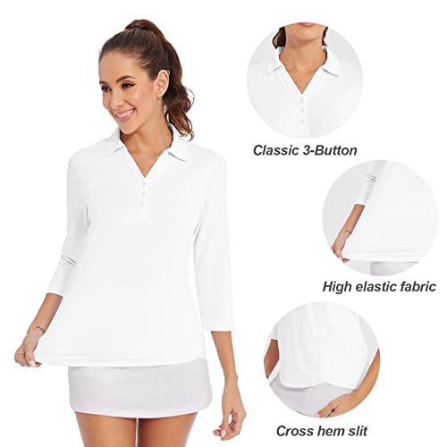 Women's Polo Shirt 3/4 Sleeve Golf Quick Dry T Shirts Upf 50+ Athletic Casual Work Shirts Tops For Women(White,S) #TOP2