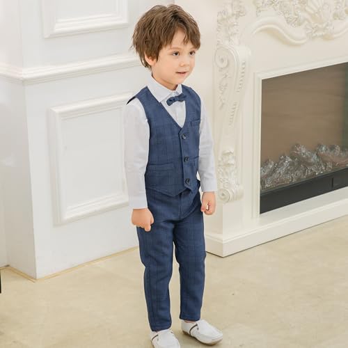 Image of Kimocat Boys 3Pcs Clothing Sets Elegant Long Sleeve Shirts + Vest with Flower+Pants Party Suit