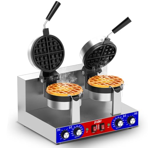 HTTSICHI Commercial Belgain Waffle Maker - Rotating Double Waffle Maker w/Non-stick and 1.2 in Thick, Filp Belgian Waffle Machine w/ 122-572℉ Temp Range and Timer, Stainless Steel Waffle Iron, 2400W