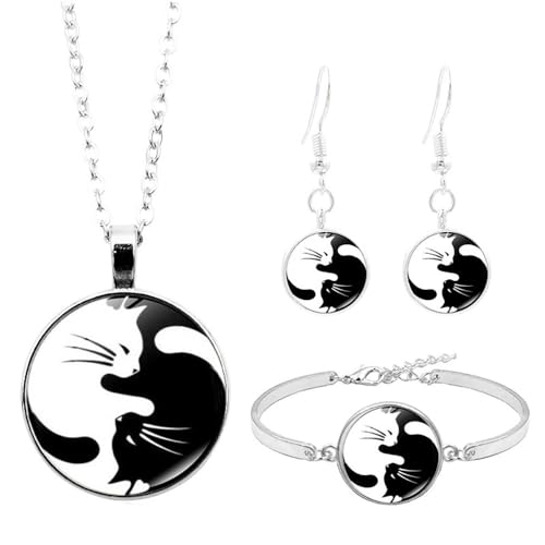 Black White Animal Necklace Bracelet Set Yin Yang Matching Cat Drop Earrings Couple Pet Jewelry Set Gift for Cat Lovers